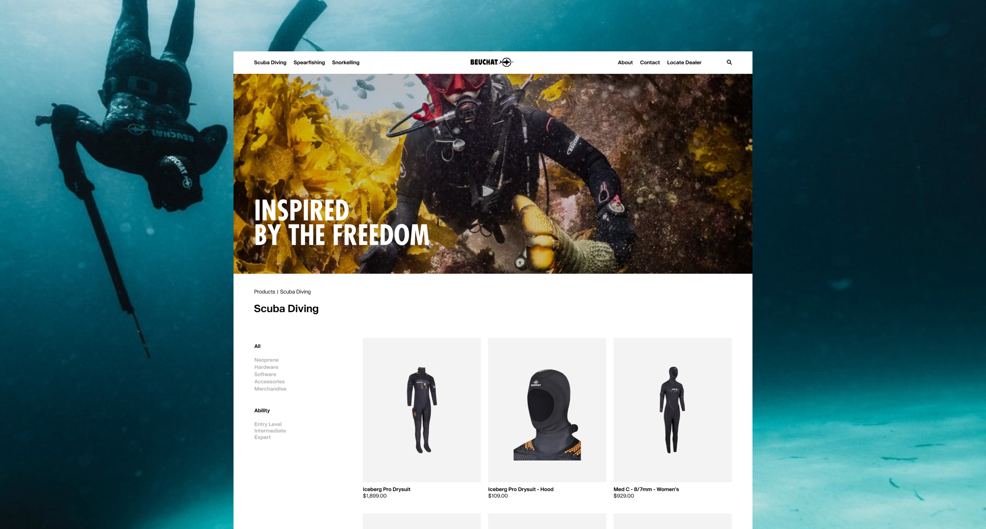 Scuba diving collection page overlaid on top of a spearfisher diving underwater.