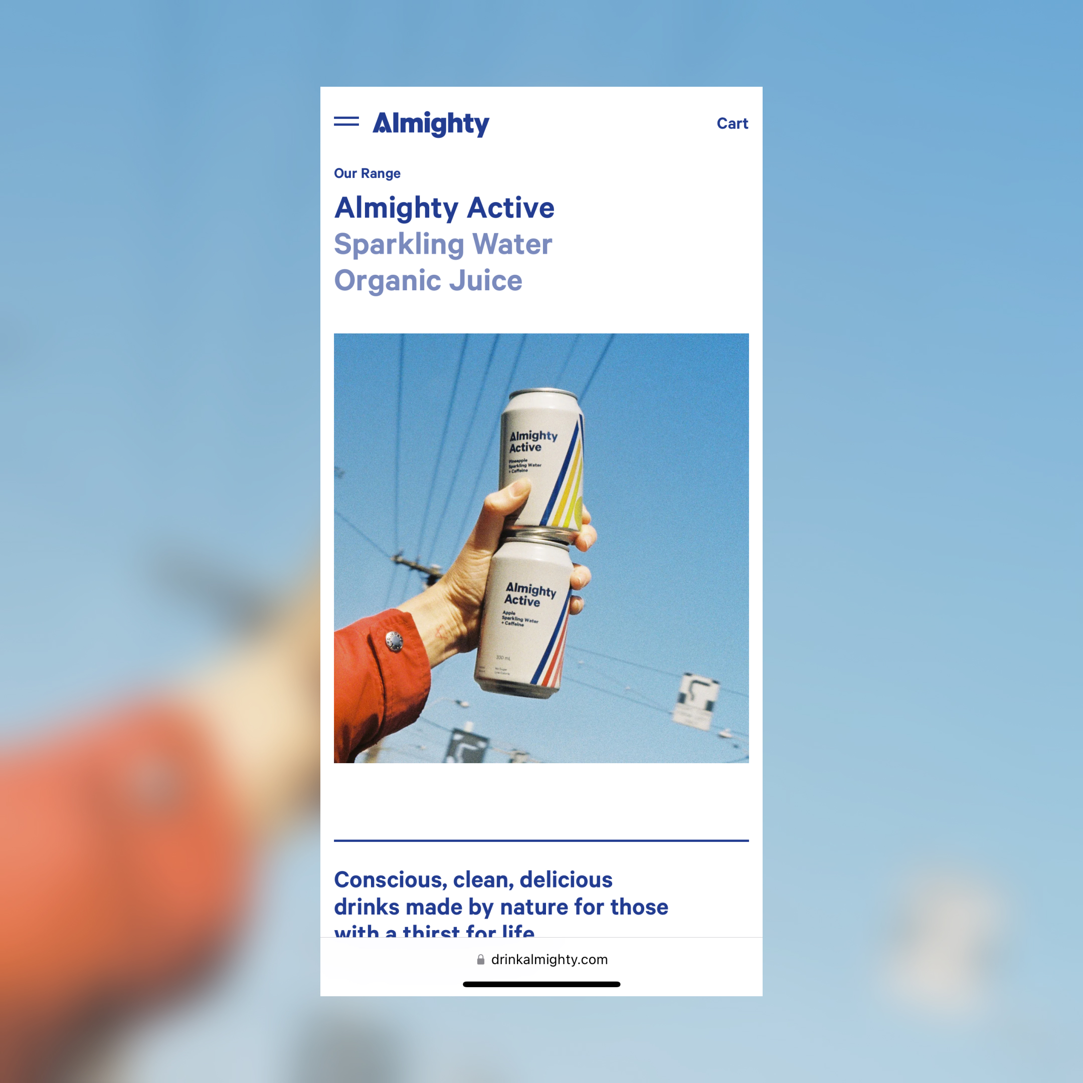 A screenshot of the mobile homepage for almighty drinks