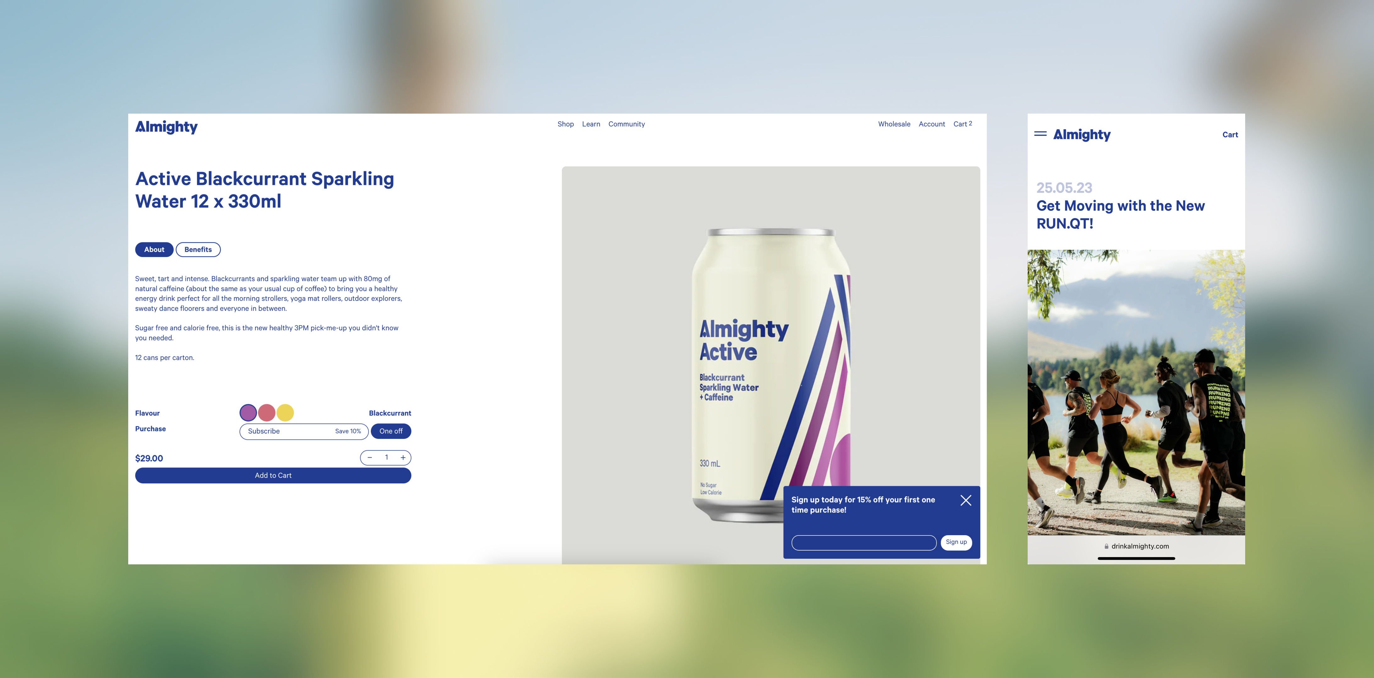 A screenshot of the desktop and mobile product page for almighty drinks