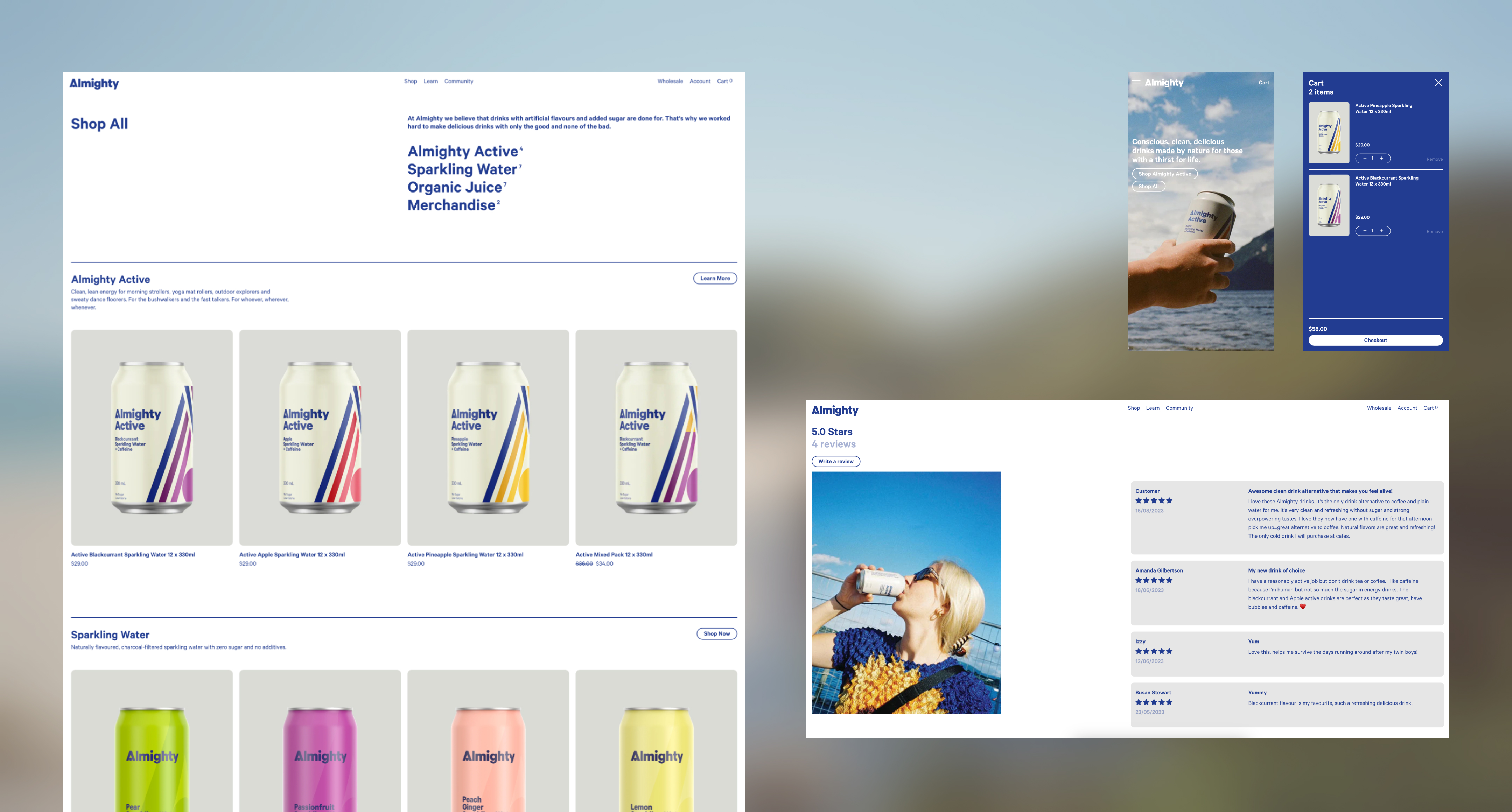 A screenshot of the desktop and mobile product page for almighty drinks