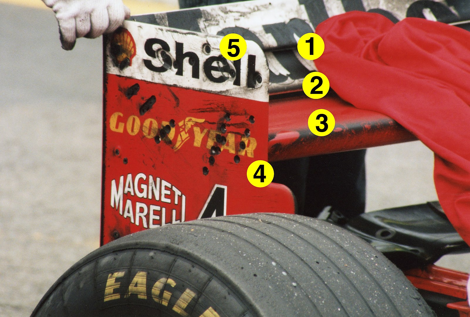 The rear spoiler of a modern Formula One car, with three aerodynamic elements.