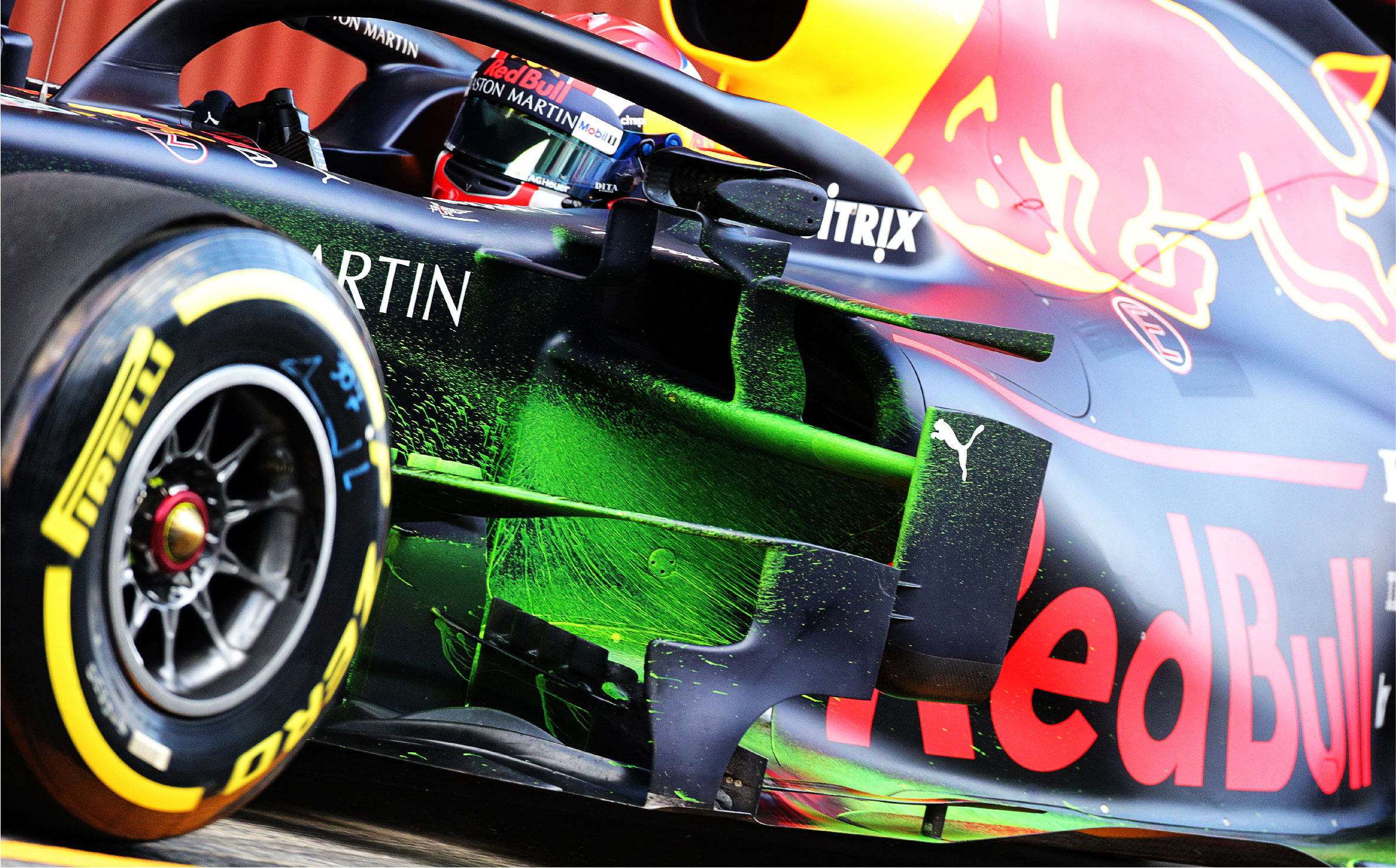 Red Bull's RB15 car undergoing paint splatter testing