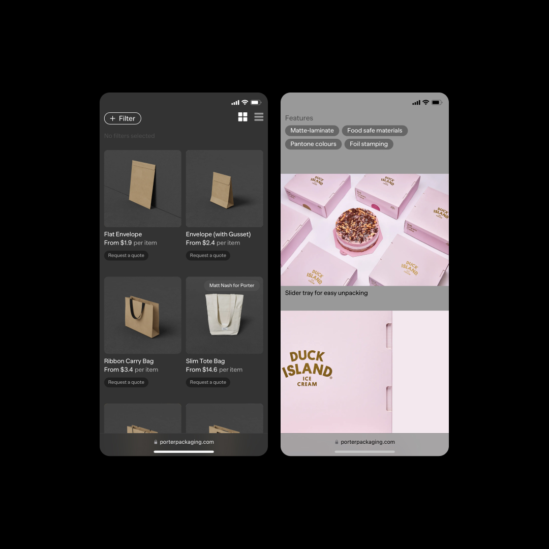 Mobile view of the Porter Packaging Product page and duck island icecream packaging.