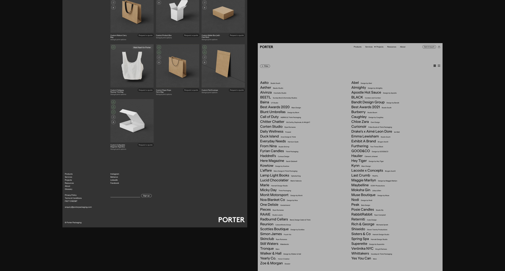 Porter Packaging product overview and work completed pages on a black background