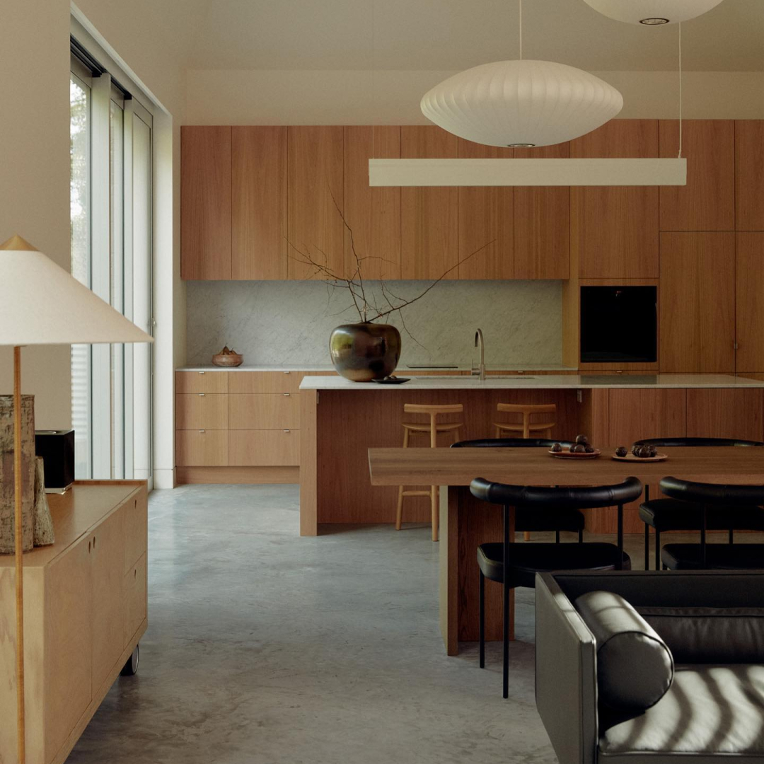 Open plan dining room, living room and kitchen fully kitted out with Simon James furniture.