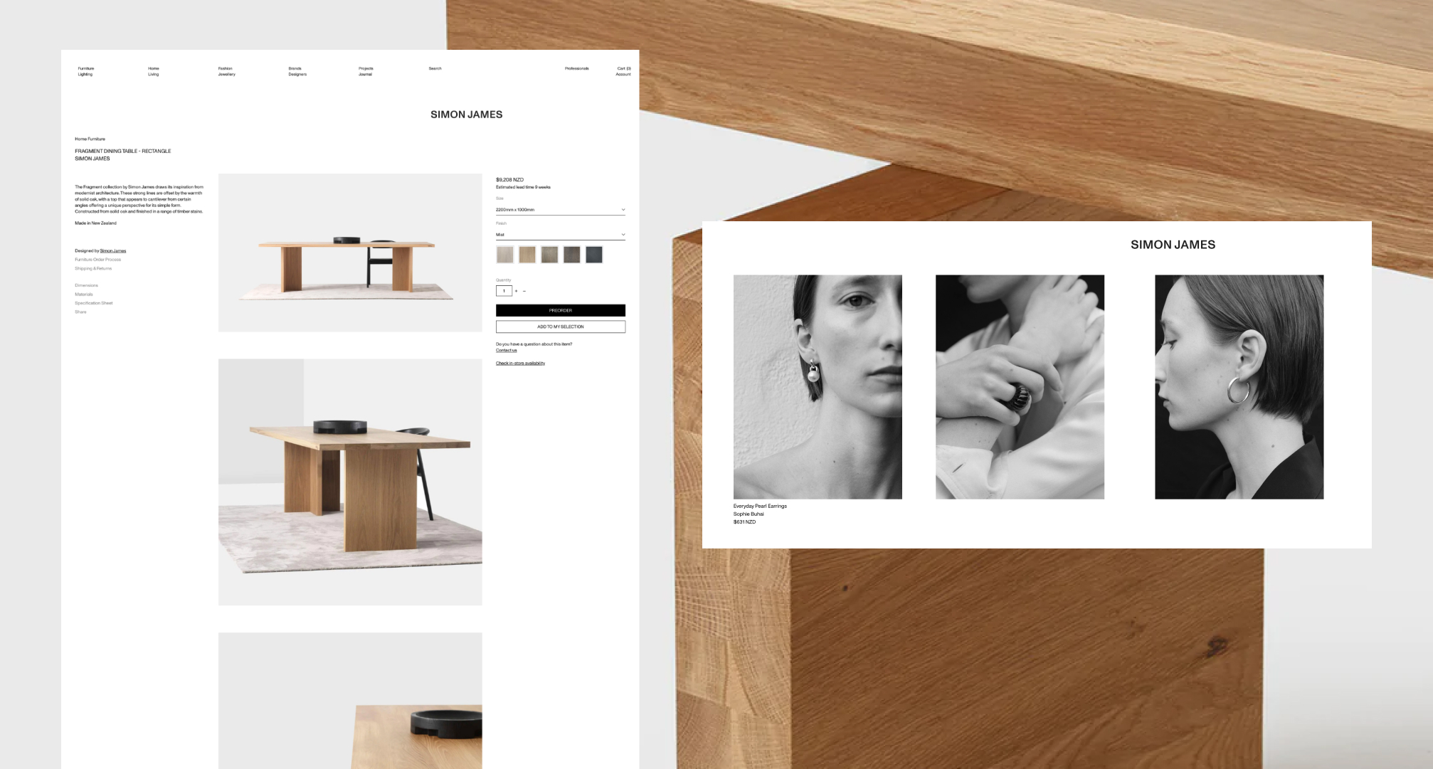 Simon James furniture product page and jewllery features overlaid onto a close up of a bench