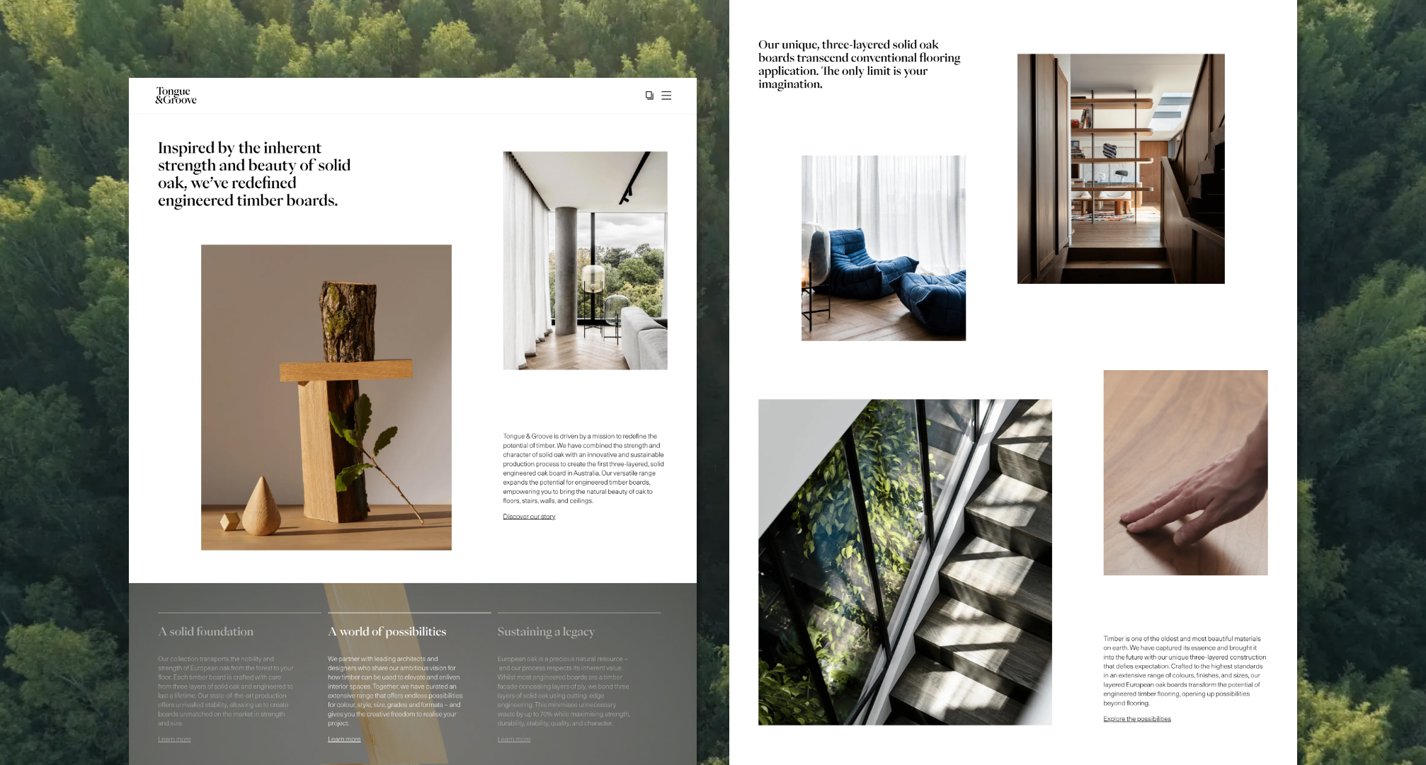 Tongue & Groove homepage overlaid on top of a birdseye view of a forest